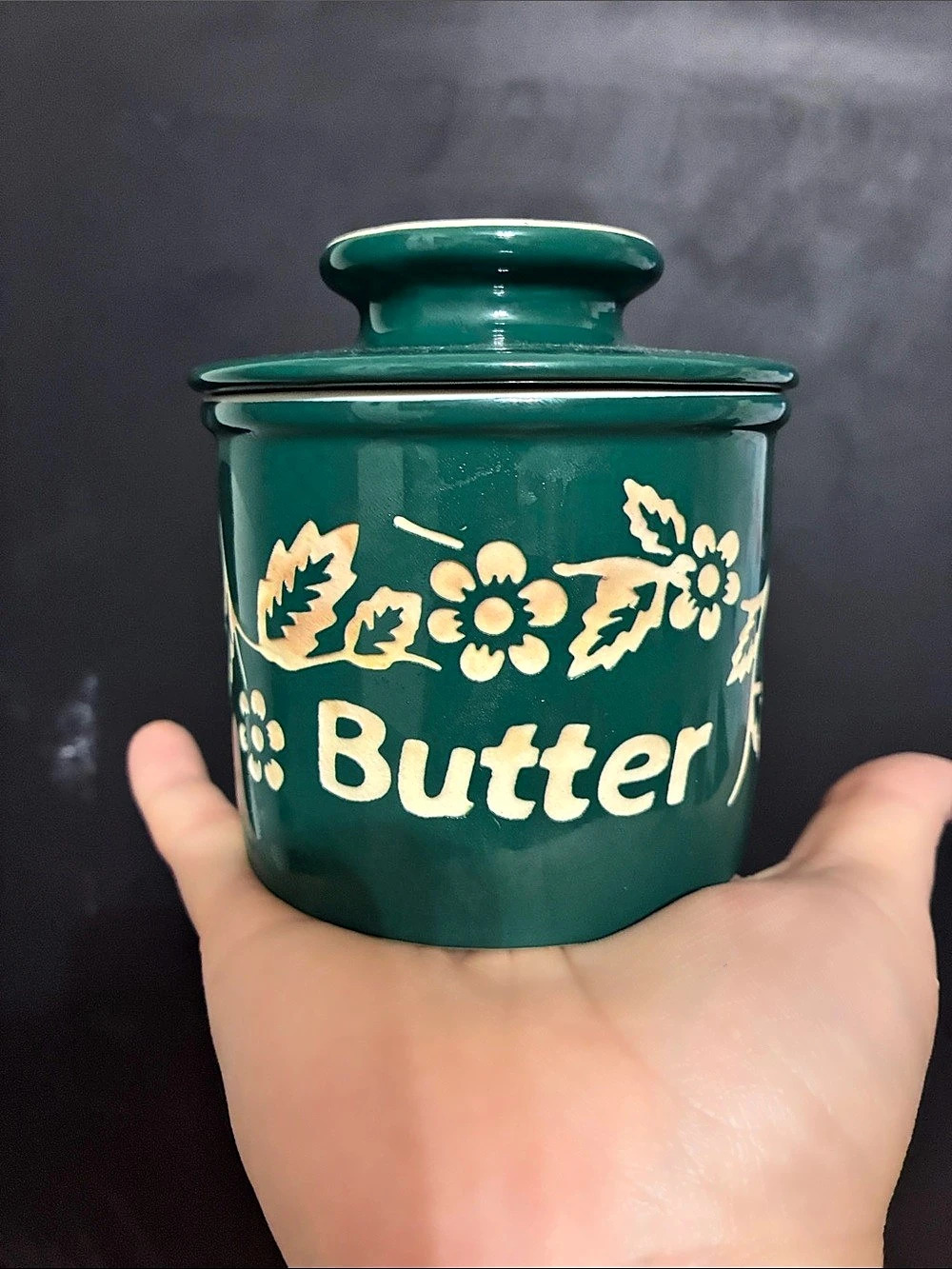Green & Cream Floral Butter Crock with Lid